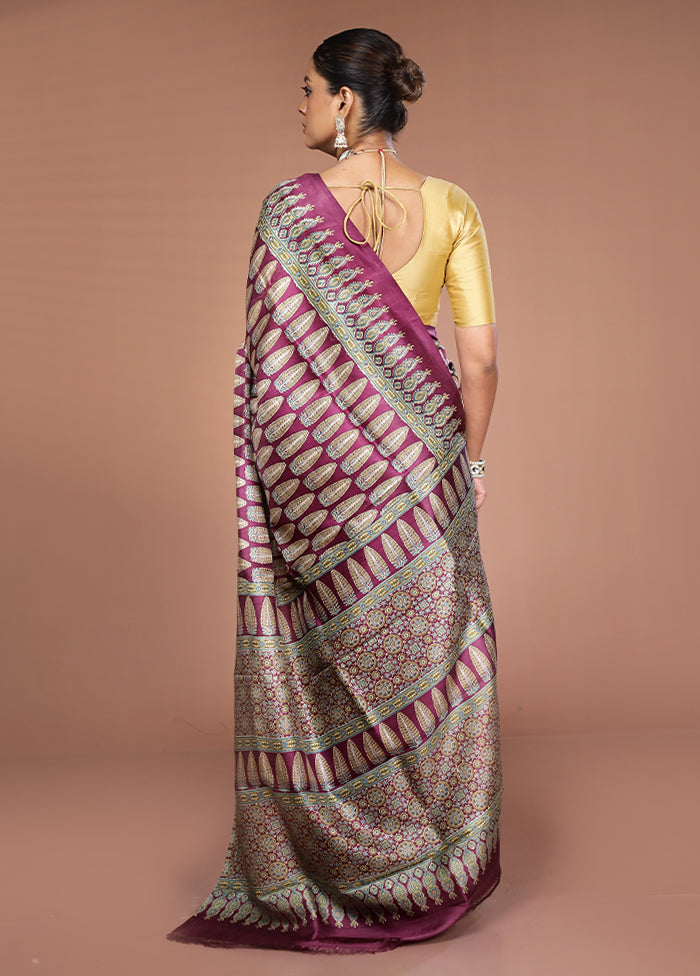 Purple Printed Pure Silk Saree Without Blouse Piece