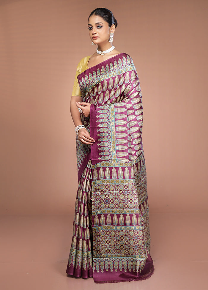 Purple Printed Pure Silk Saree Without Blouse Piece