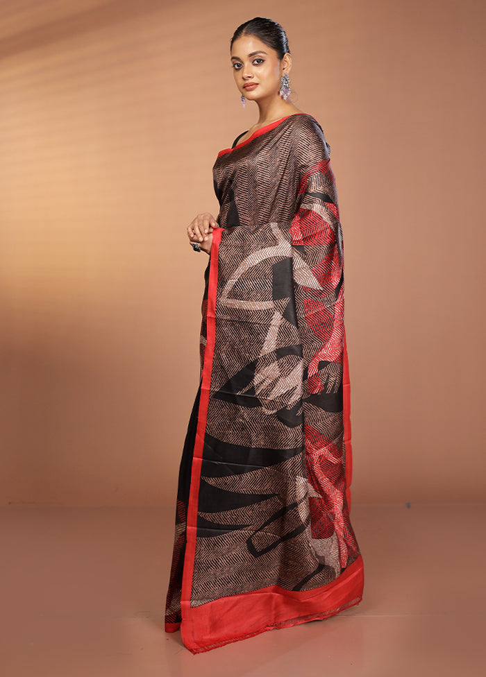 Black Printed Silk Saree Without Blouse Piece