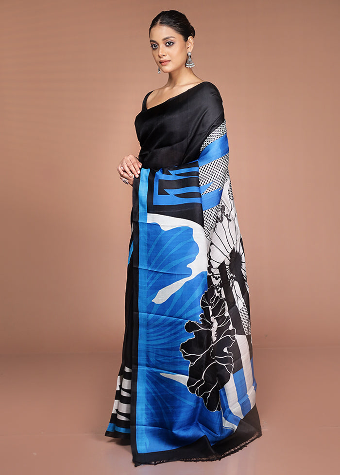 Black Printed Pure Silk Saree Without Blouse Piece