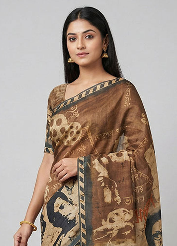 Cream Printed Pure Silk Saree Without Blouse Piece
