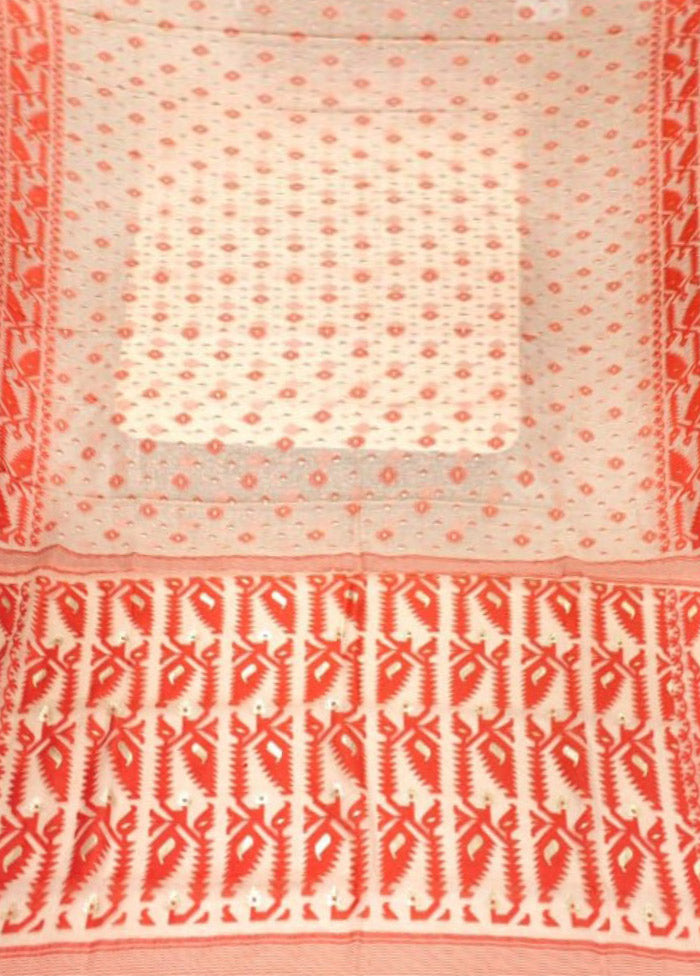 Cream Jamdani Cotton Saree Without Blouse Piece