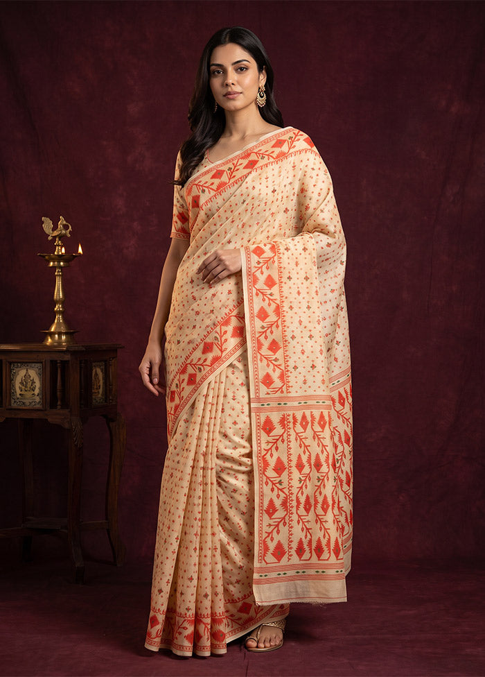 Cream Jamdani Cotton Saree Without Blouse Piece