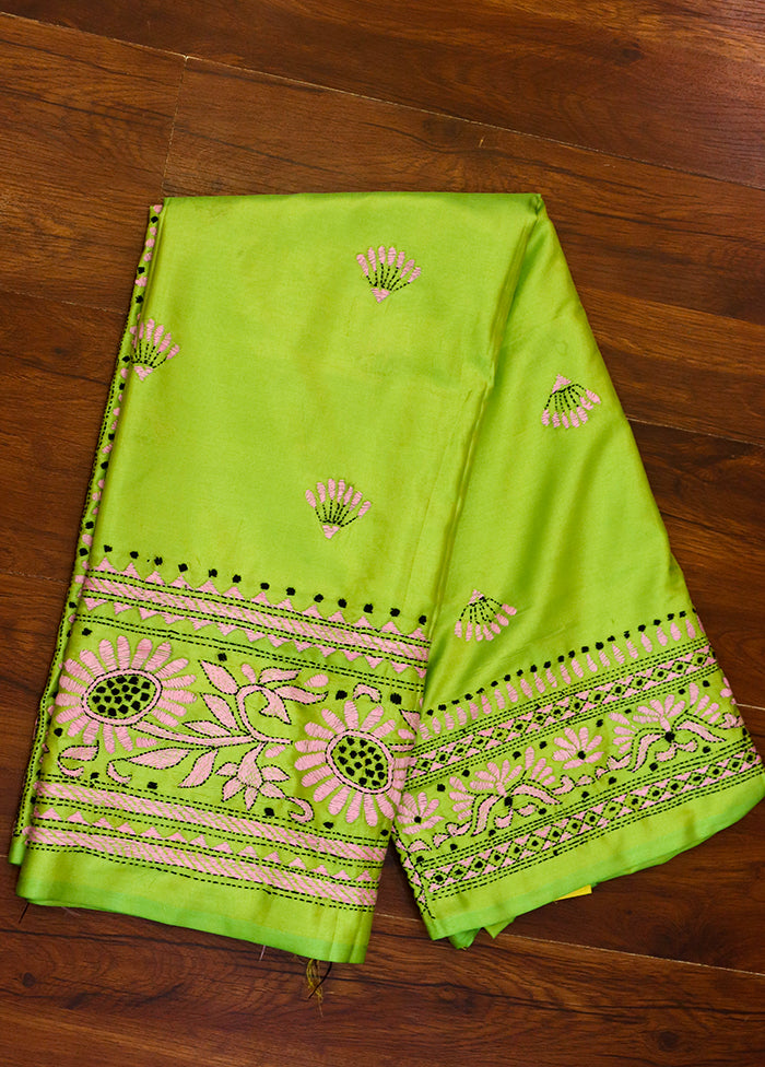 Green Kantha Stitch Silk Saree With Blouse Piece