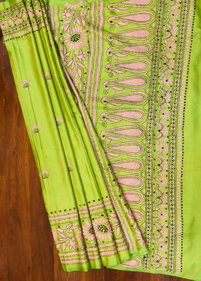 Green Kantha Stitch Silk Saree With Blouse Piece