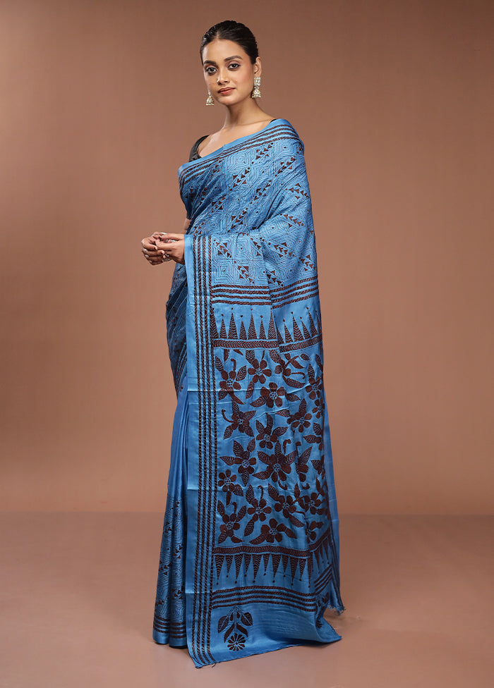 Blue Kantha Stitch Silk Saree With Blouse Piece