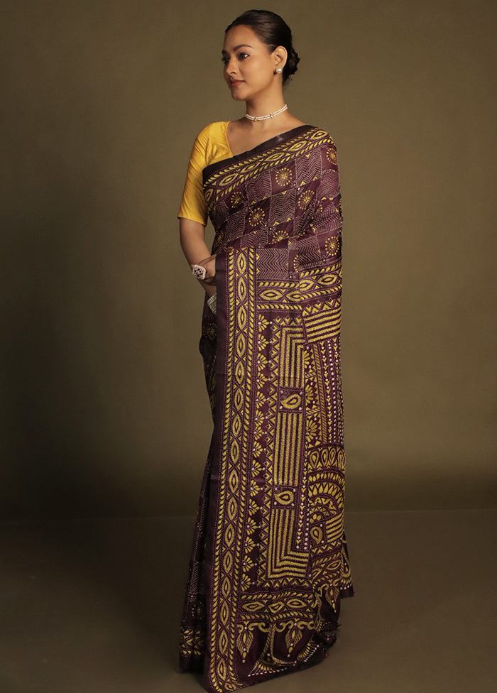 Purple Kantha Stitch Silk Saree With Blouse Piece