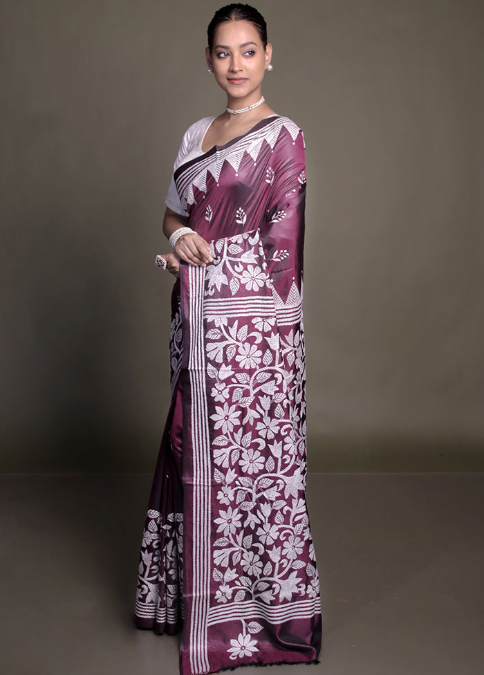 Purple Kantha Stitch Silk Saree With Blouse Piece