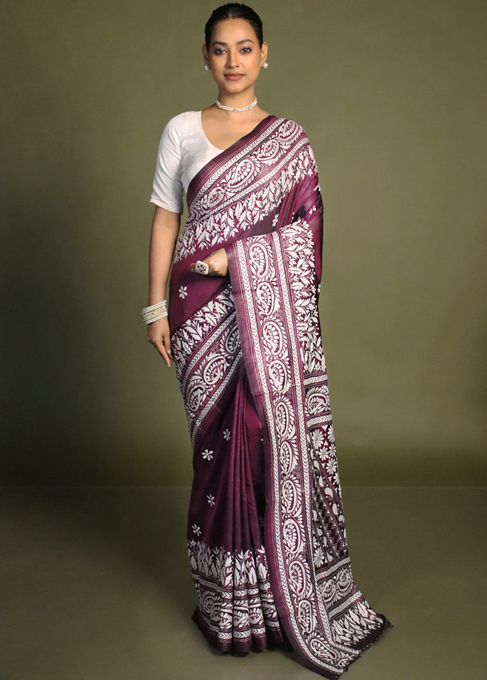 Purple Kantha Stitch Silk Saree With Blouse Piece