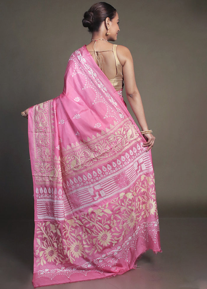 Pink Kantha Stitch Silk Saree With Blouse Piece