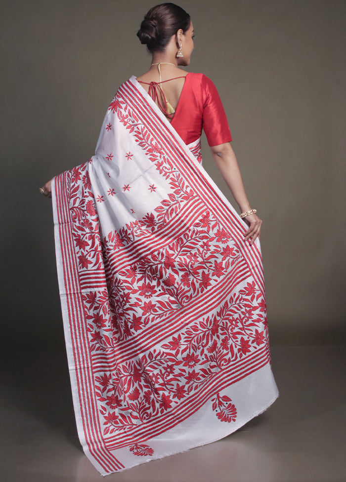 White Kantha Stitch Silk Saree With Blouse Piece