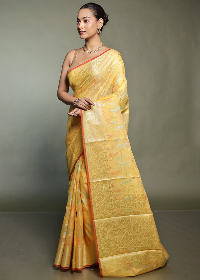 Yellow Kora Silk Saree With Blouse Piece
