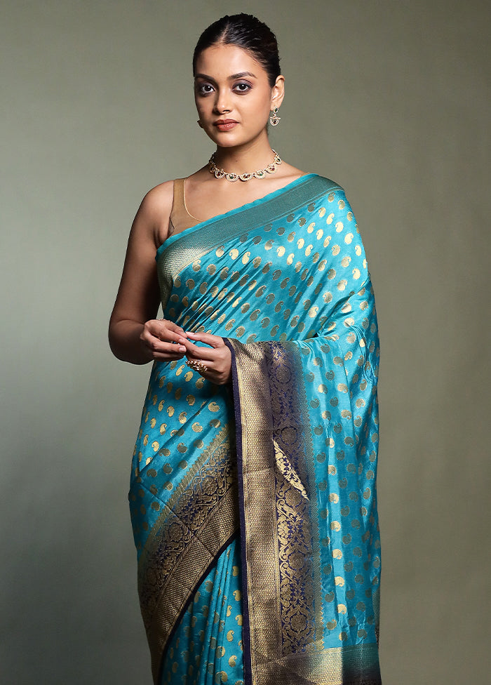 Blue Dupion Silk Saree With Blouse Piece