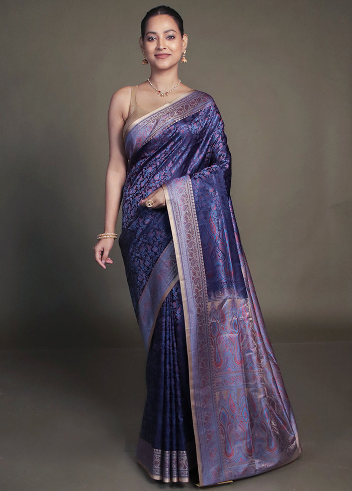 Blue Handloom Jamewar Pure Silk Saree With Blouse Piece
