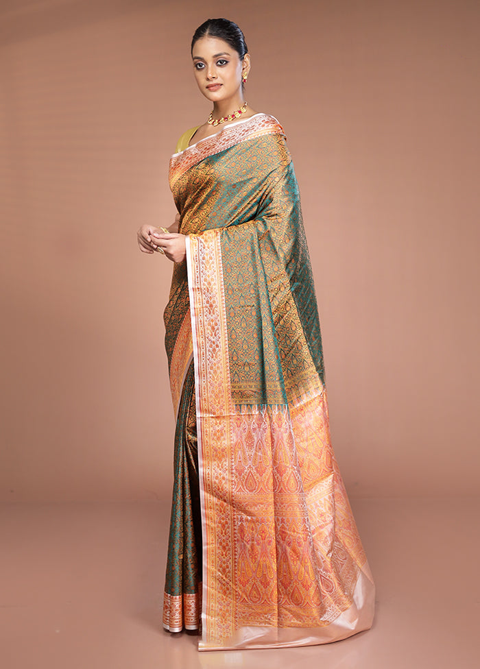 Green Handloom Jamewar Pure Silk Saree With Blouse Piece