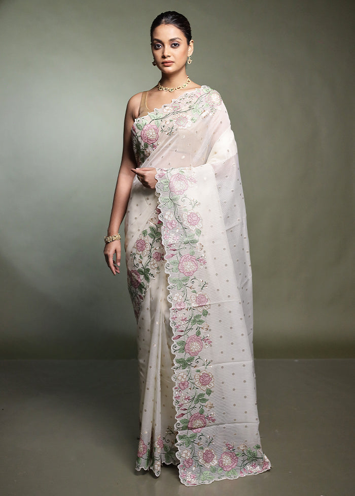 White Pure Kota Cotton Saree With Blouse Piece