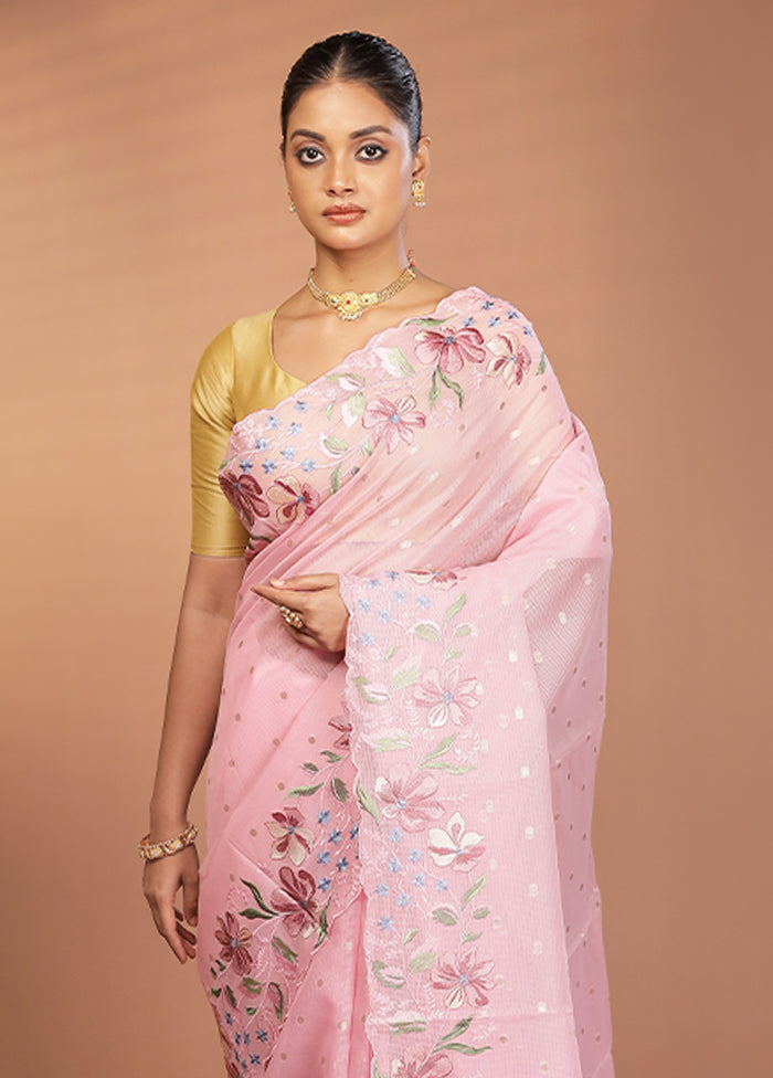 Pink Pure Cotton Saree With Blouse Piece