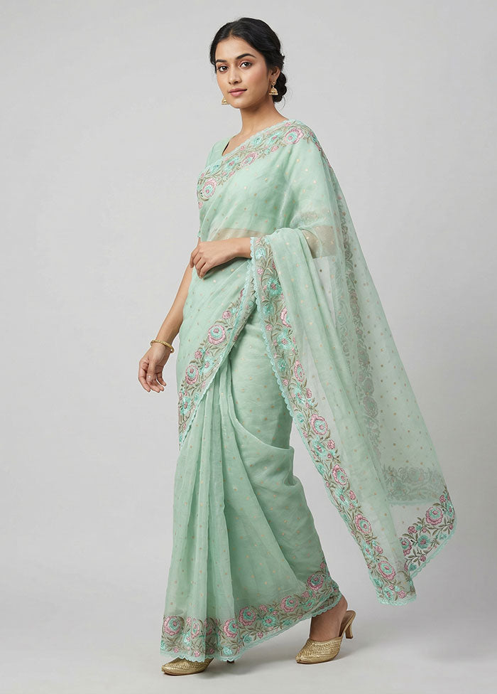 Green Pure Cotton Saree With Blouse Piece