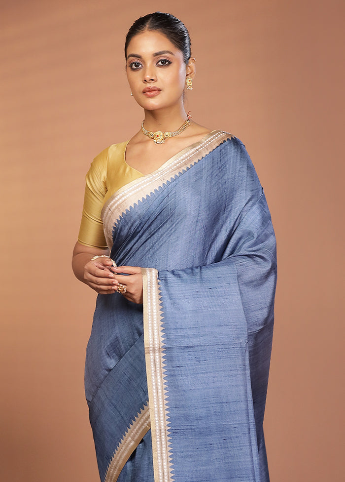 Blue Printed Pure Silk Saree Without Blouse Piece
