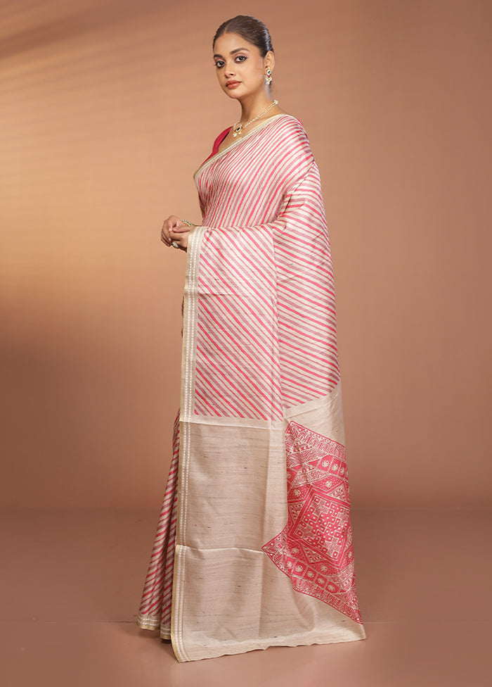Cream Printed Pure Silk Saree Without Blouse Piece
