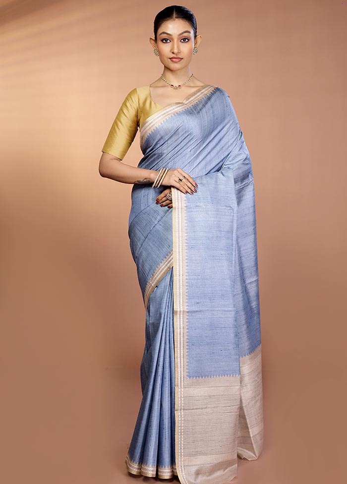 Blue Printed Pure Silk Saree Without Blouse Piece