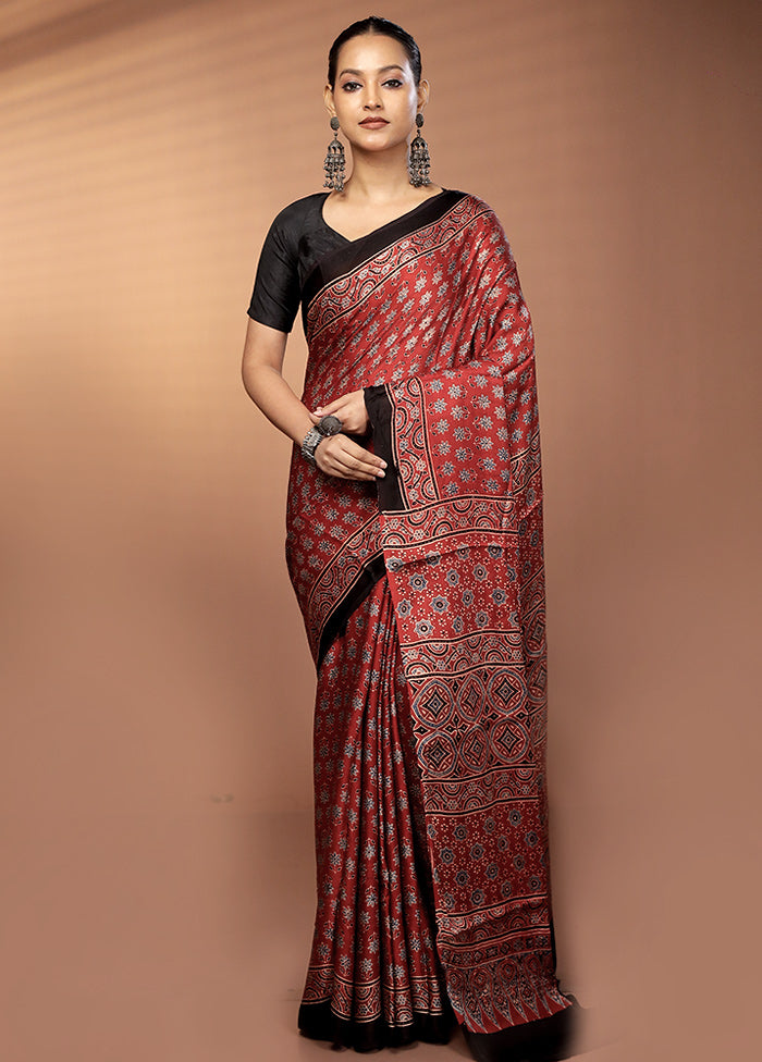 Maroon Printed Pure Silk Saree Without Blouse Piece