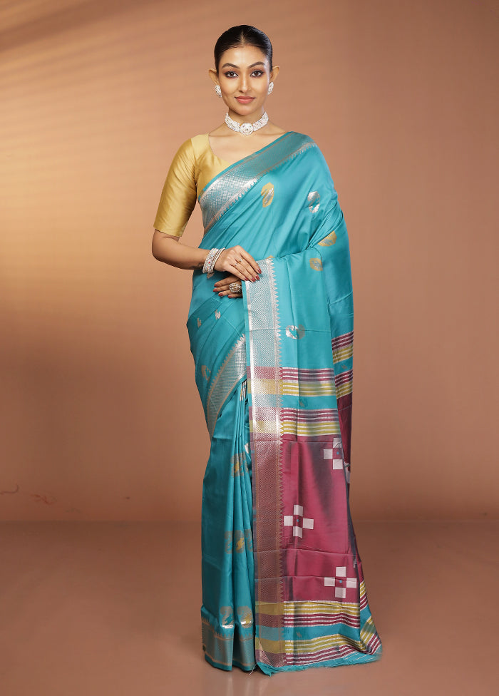 Blue Dupion Silk Saree With Blouse Piece