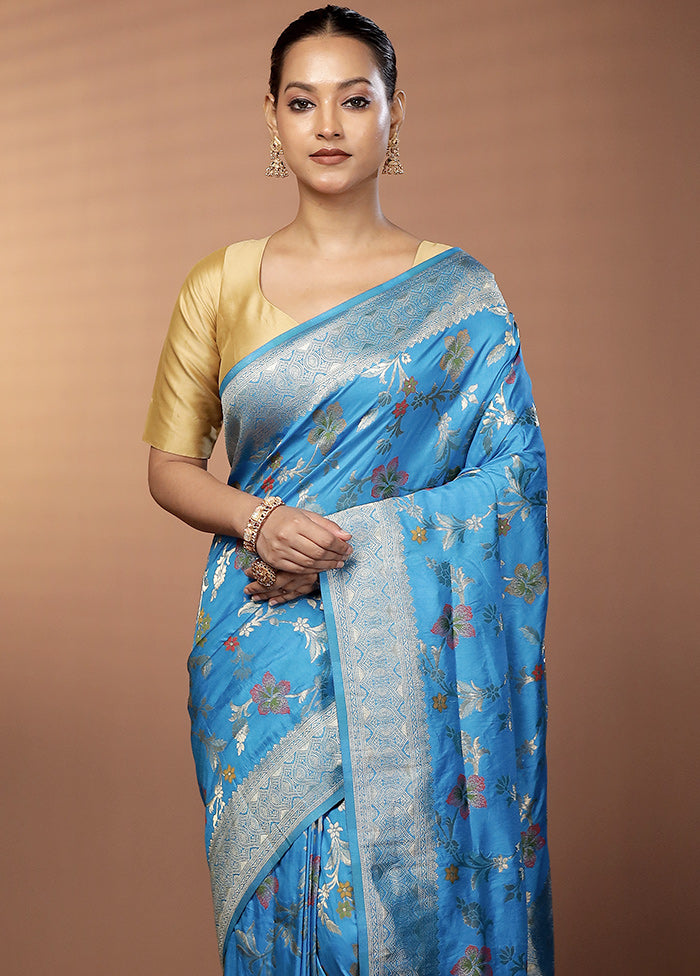 Blue Dupion Silk Saree With Blouse Piece