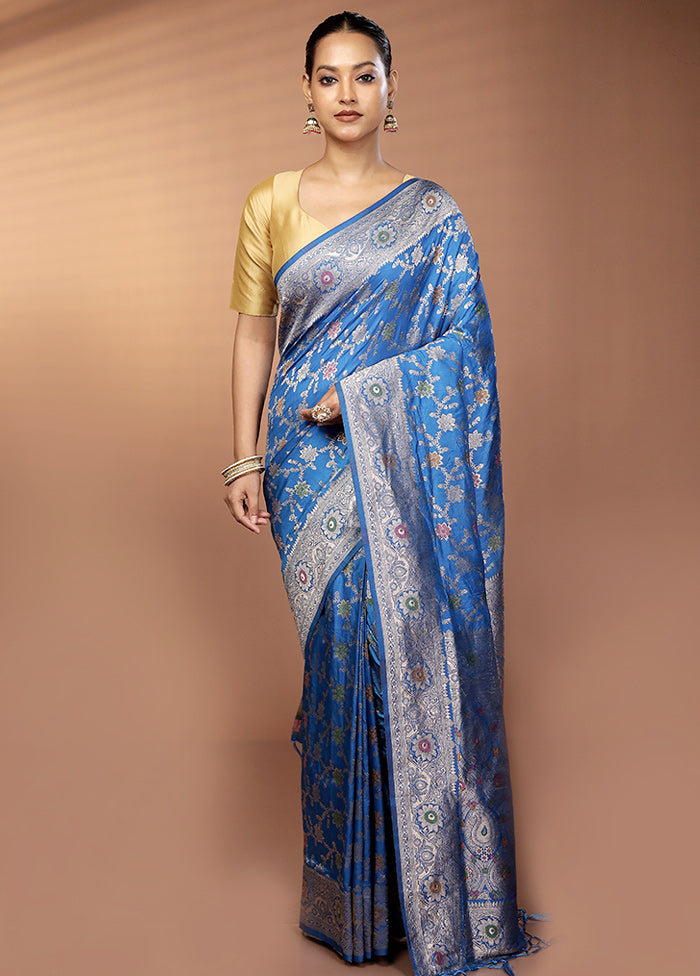 Blue Dupion Silk Saree With Blouse Piece