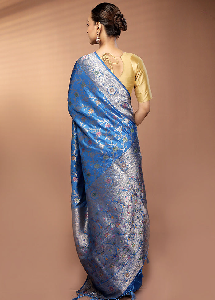 Blue Dupion Silk Saree With Blouse Piece