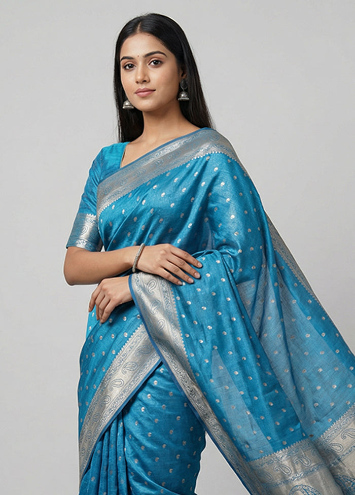 Blue Dupion Silk Saree With Blouse Piece
