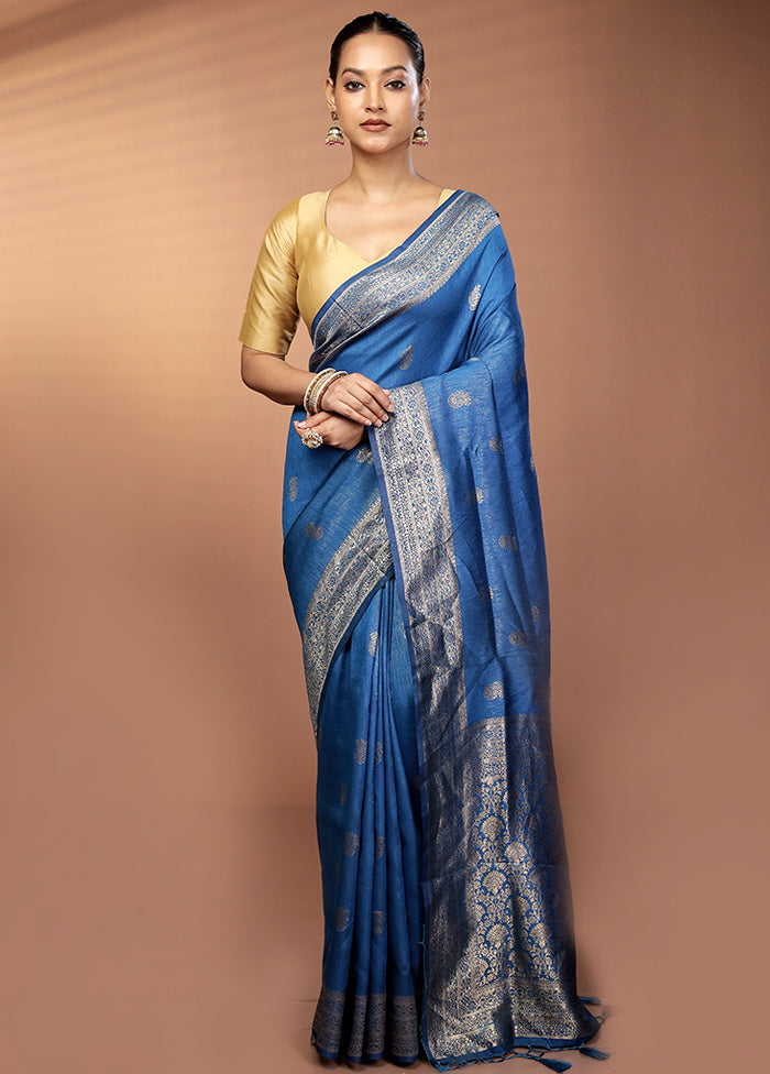 Blue Dupion Silk Saree With Blouse Piece