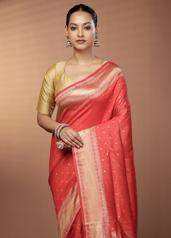 Red Dupion Silk Saree With Blouse Piece