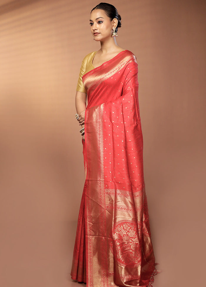 Red Dupion Silk Saree With Blouse Piece