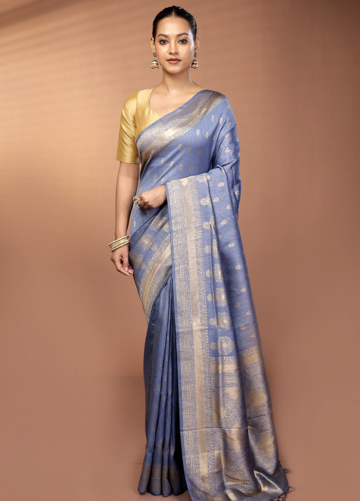 Blue Dupion Silk Saree With Blouse Piece