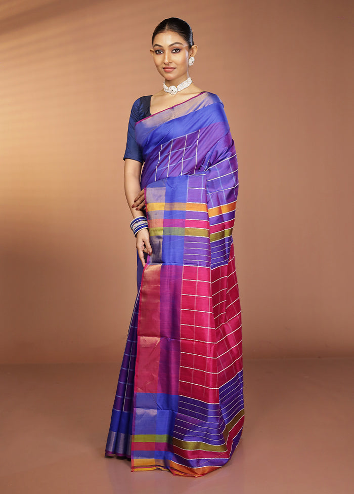 Blue Kalakshetra Silk Saree With Blouse Piece