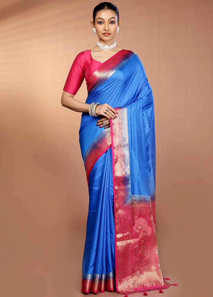 Blue Dupion Silk Saree With Blouse Piece