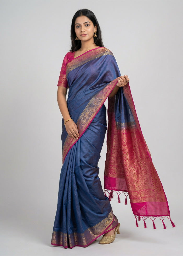 Blue Dupion Silk Saree With Blouse Piece