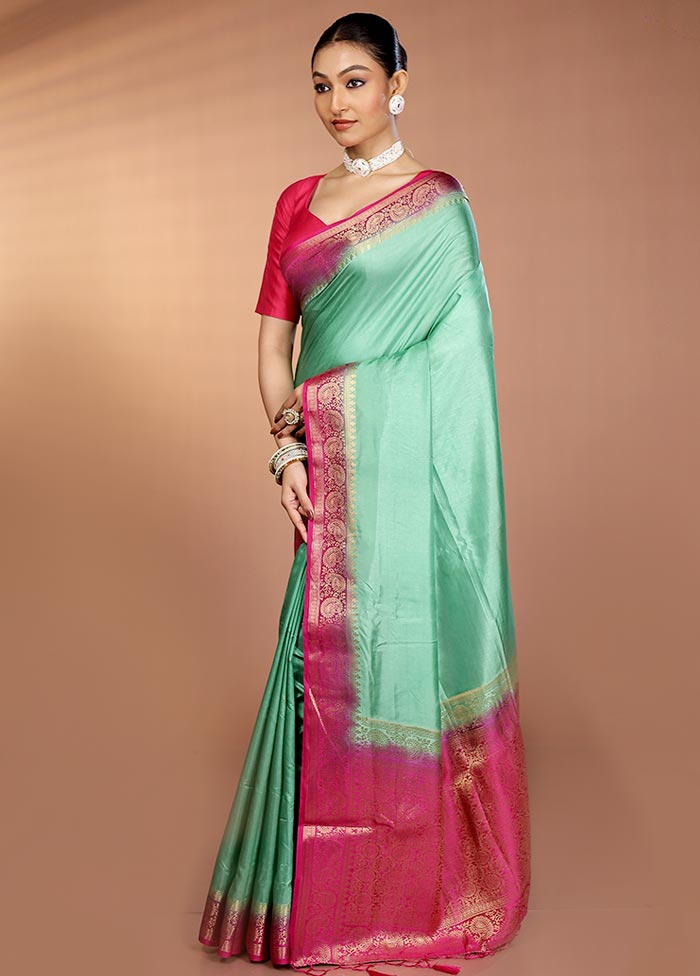Green Dupion Silk Saree With Blouse Piece