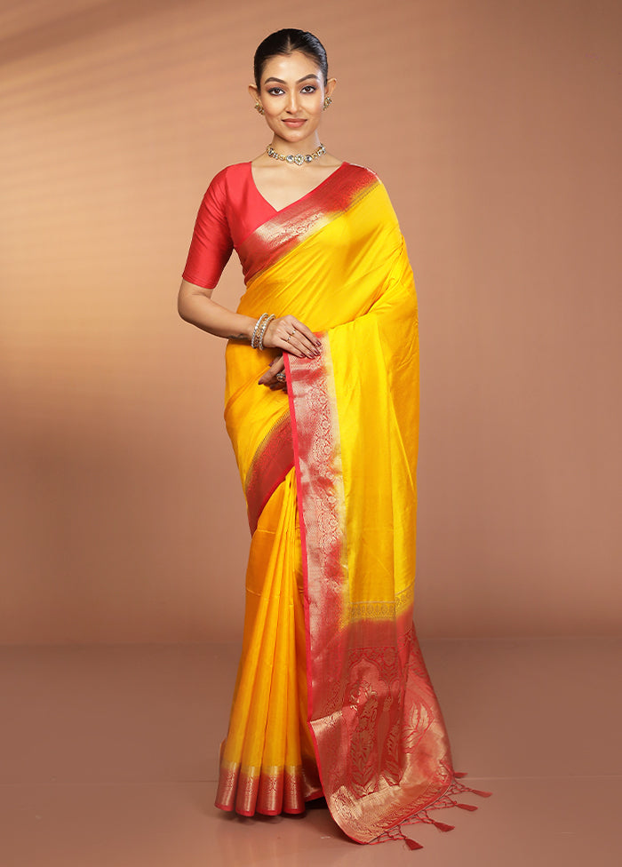 Yellow Dupion Silk Saree With Blouse Piece