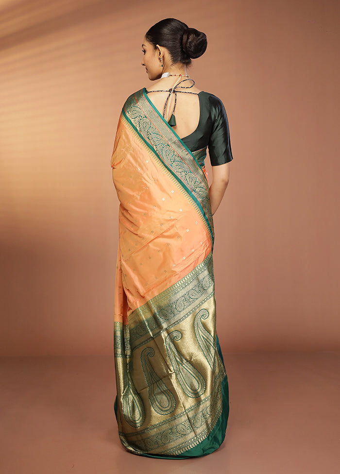Peach Handloom Kanjivaram Pure Silk Saree With Blouse Piece