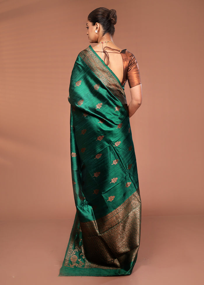 Green Tussar Pure Silk Saree With Blouse Piece