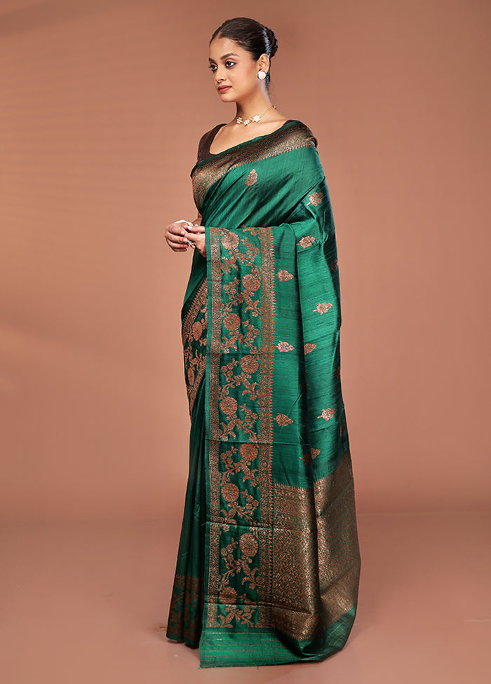 Green Tussar Pure Silk Saree With Blouse Piece