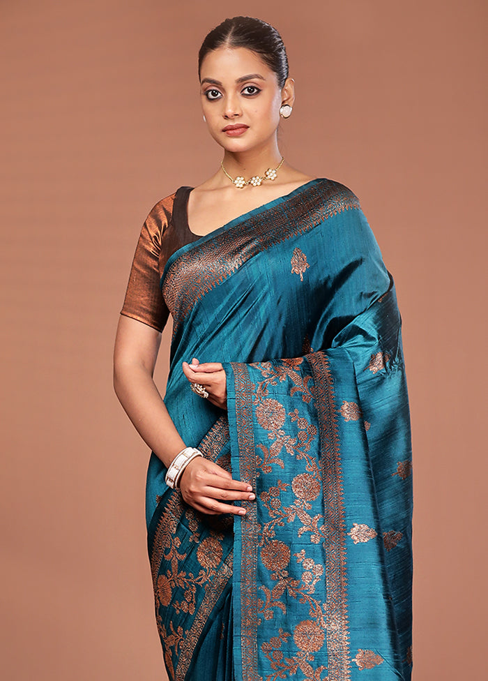 Green Tussar Pure Silk Saree With Blouse Piece