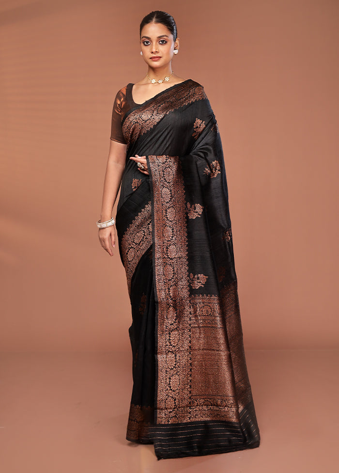 Black Tussar Pure Silk Saree With Blouse Piece