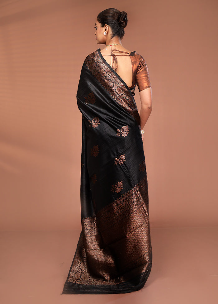 Black Tussar Pure Silk Saree With Blouse Piece