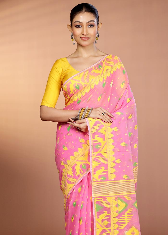 Pink Tant Jamdani Saree Without Blouse Piece