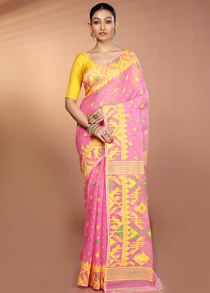 Pink Tant Jamdani Saree Without Blouse Piece