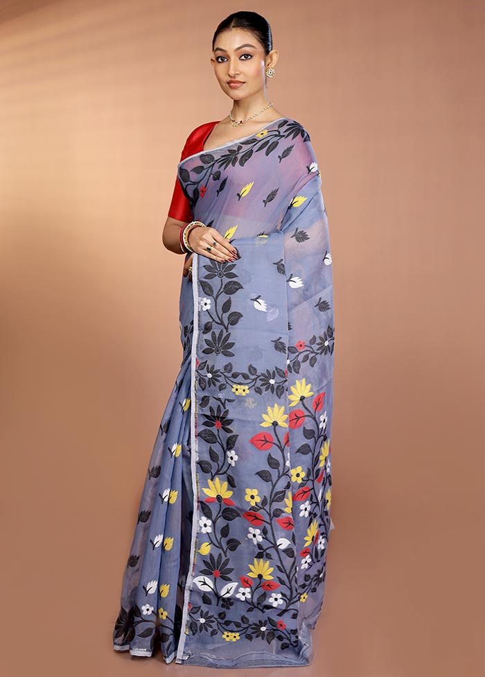 Blue Tant Jamdani Saree Without Blouse Piece