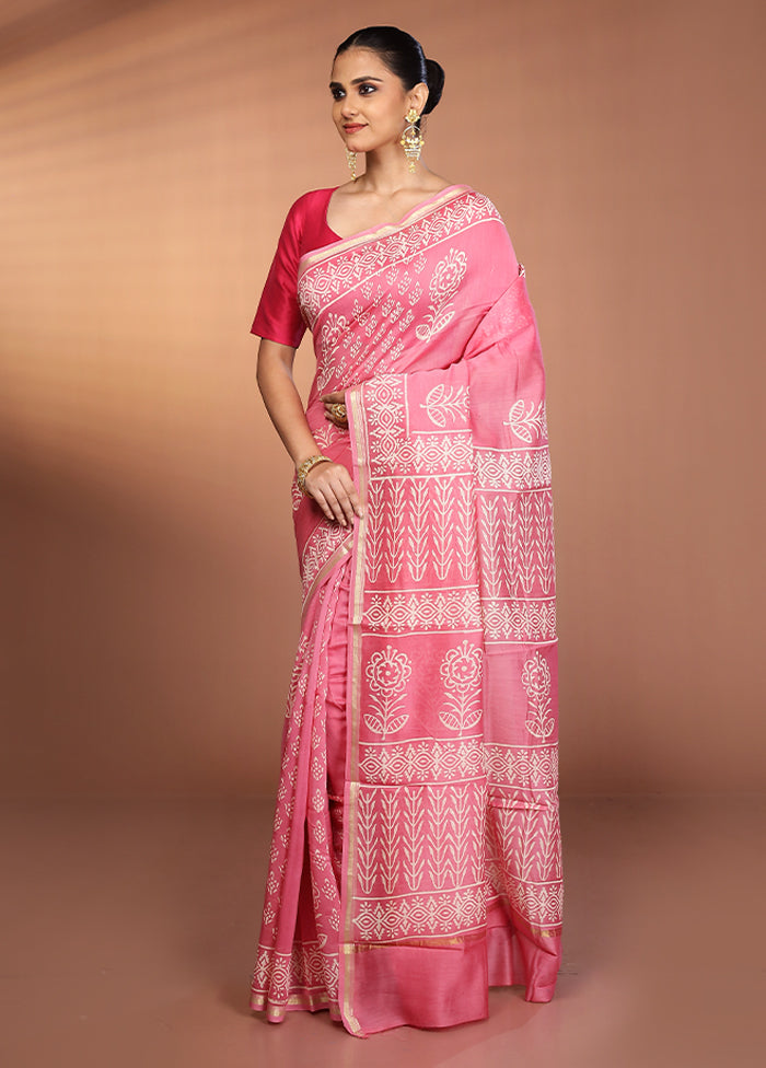Pink Chanderi Silk Saree With Blouse Piece
